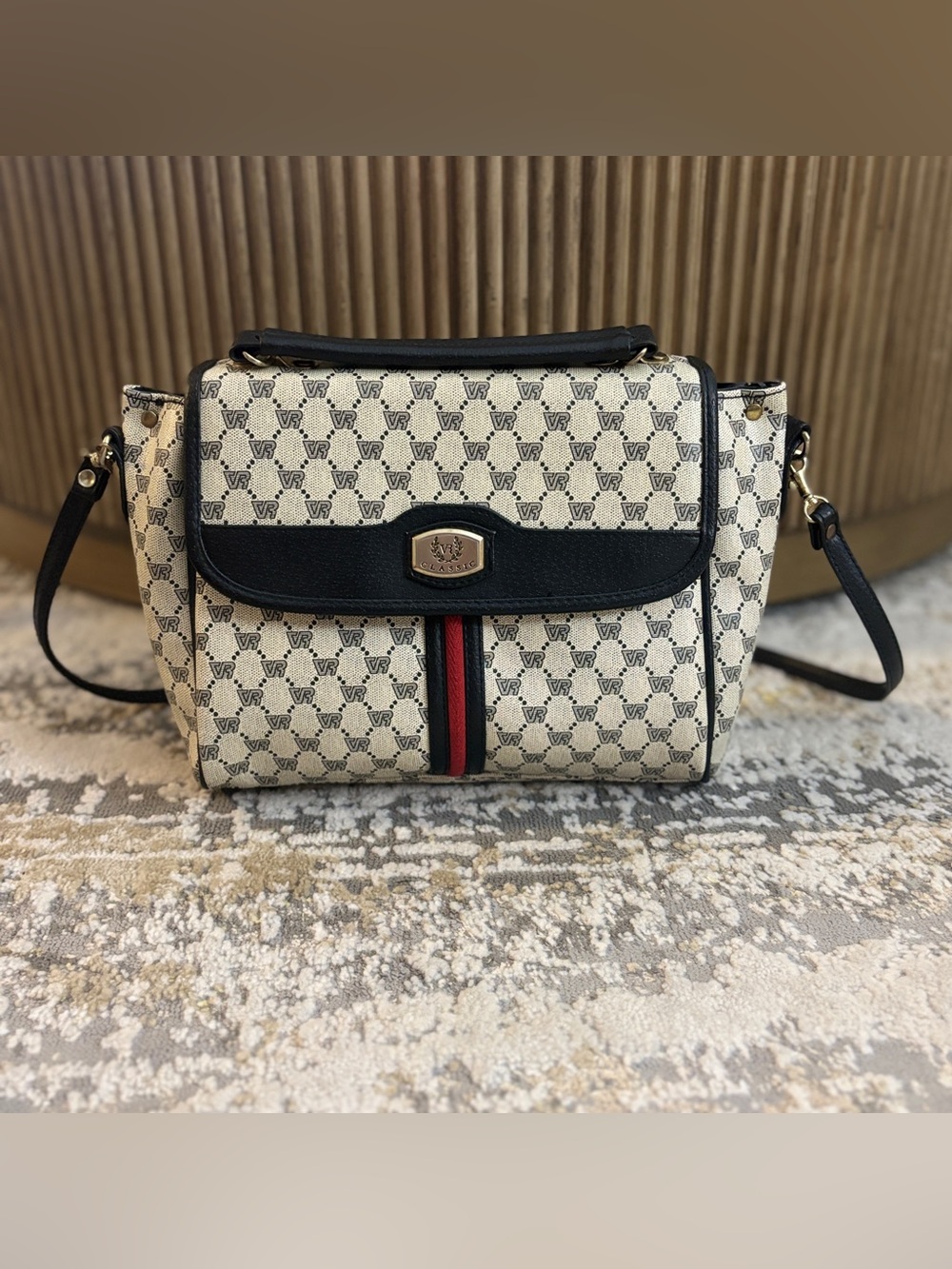 Vintage VR Classic Monogram Crossbody Bag Cream Black Flap Red Stripe Retro